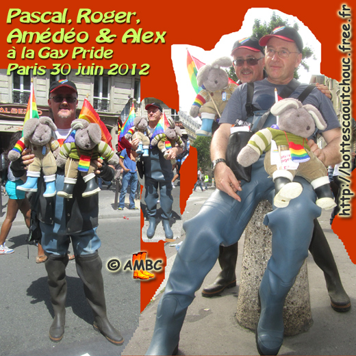 Pascal & Roger at the Parisian Gay Pride, France, June 2012. Gummistiefel, stivali di gomma, botas de goma, waders, cizme.