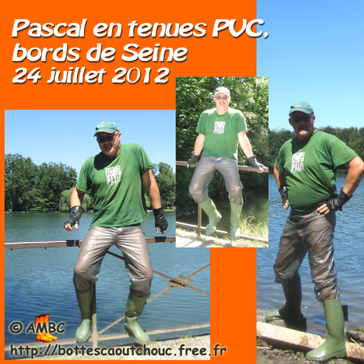 Pascal wearing PVC trousers & Nora wellies. Gummistiefel, stivali di gomma, botas de goma, cizme, July 2012.