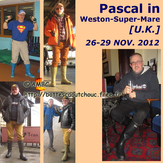 Pascal wearing wellies in the streets of Weston-Super-Mare, UK. Gummistiefel, stivali di gomma, botas de goma, 2012.