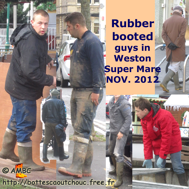 Rubberbooted guys in weston Super Mare streets. Gummistiefel, stivali di gomma, botas de goma 2012.