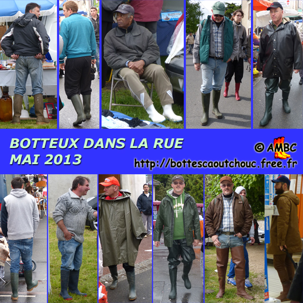 Many guys wearing rubber boots in the streets. Gummistiefel, stivali di gomma, botas de goma, Gummistövlar, cizme, rubber laarzen, Spring 2013. Copyright AMBC.