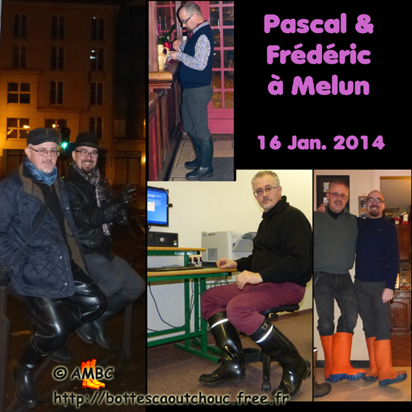 Pascal & Fred in restaurant in Melun. Gummistiefel, stivali di gomma, botas de goma, Gummistövlar, cizme, rubber laarzen, January 2014. Copyright AMBC.
