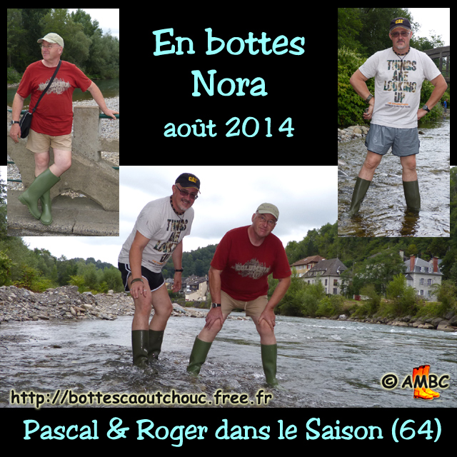 Pascal & Roger in Nora boots in the Saison river, Pyrénées. Gummistiefel, stivali di gomma, botas de goma, Gummistövlar, cizme, rubber laarzen. Copyright AMBC 2014.