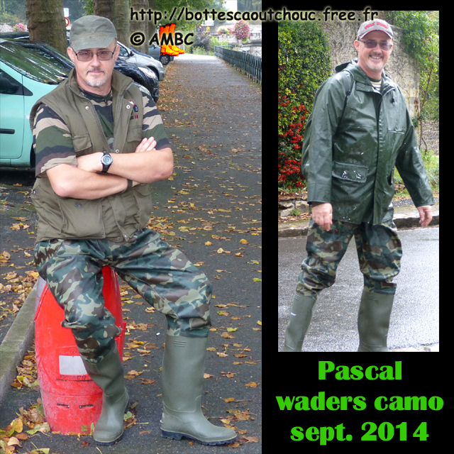 Pascal, wearing camo PVC waders. Gummistiefel, stivali di gomma, botas de goma, Gummistövlar, cizme, rubber laarzen. Copyright AMBC 2014.