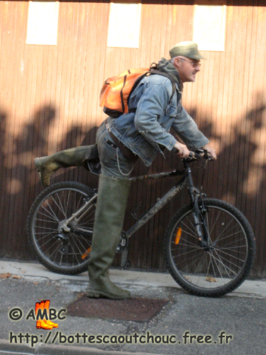 Wearing waders on my bicycle, 2008.