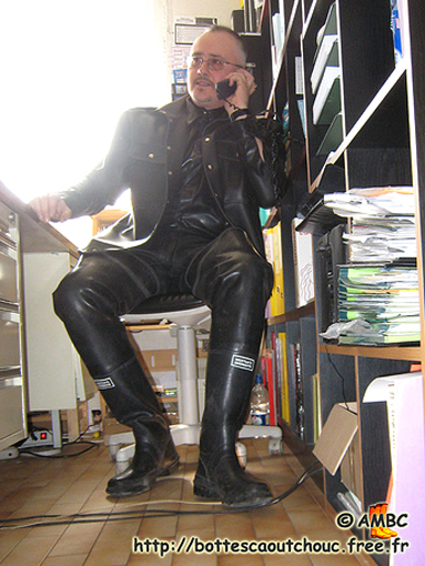 Wearing rubber & waders at my desk.