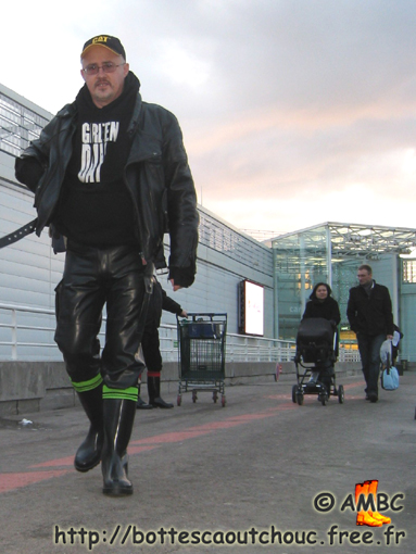 Wearing nora boots, rubber trousers  & leather jacket at a commercial plazza, 2010.